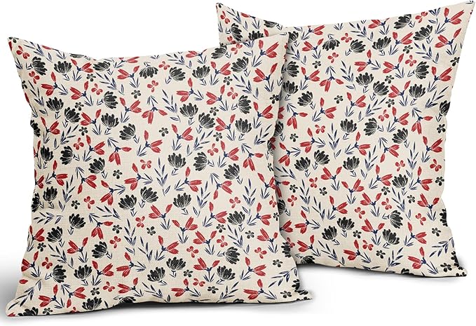 4th of July Floral Pillow Covers 18x18 Set of 2 Vintage Rustic Old Style Navy Blue Red Black Flower Print Decorative Outdoor Pillowcases Patriotic Throw Cushion Case Decor for Couch Sofa Bed