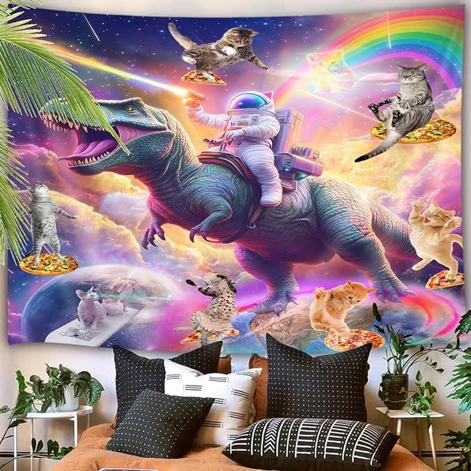 Viajar Funny Cat Tapestry, Cool Kittens Starry Sky Nebula Galaxy Tapestry Milky Way Space Psychedelic Hippie Tapestry Wall Hanging Home Decor Dorm Livingroom Bedroom Wall Blanket, 60X40 Inch