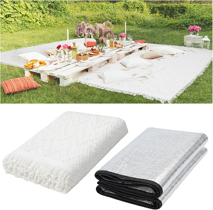 91x 71 in Extra Large Outdoor Picnic Blanket with Waterproof Mat Oversize Beach Woven Cotton Yarn Blanket with Fringe Machine Sandproof for Spring Summer Camping Beach Park(Boho,White)