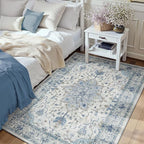 Area Rugs 3'x5' Washable Non-Slip, Floral Vintage Distress Print Pattern Medallion Carpet for Living Room Bedroom Dining Room, Light Blue Navy Beige Gray White