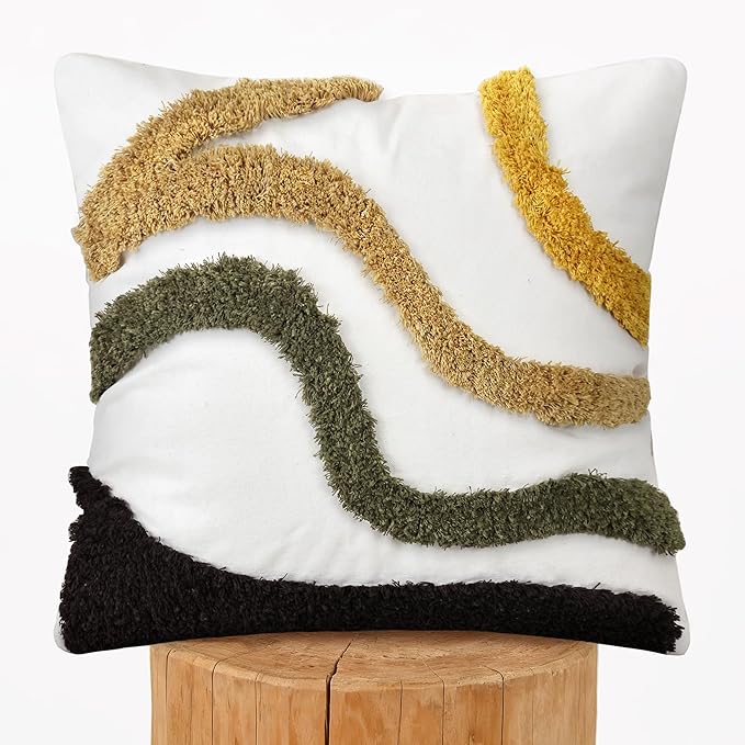 Boho Throw Pillow Covers 18x18 Inch Set of 1, Tufted Abstract Decorative Pillow Cover Mid Century Modern Pillow Cases Bohemian Cushion for Couch Sofa Bed Living Room Home Decor, Green-Brown