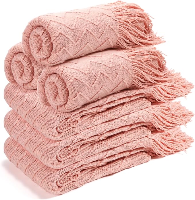 Buryeah 6 Pack Boho Knitted Throw Blankets with Tassels 50x60 Soft Warm Throws Bulk for Wedding Guests Housewarming Employee Teacher Appreciation Gifts Cozy Farmhouse Home Decor (Pink)