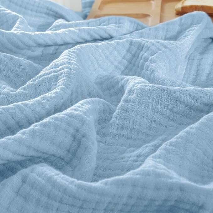 PHF 100% Cotton Muslin Throw Blanket 50" x 60", 4-Layer Lightweight Gauze Throw, Breathable Cloud-Soft Minimalist Blanket for Bed, Couch, Camping & Baby, Sky Blue, Ideal Gift