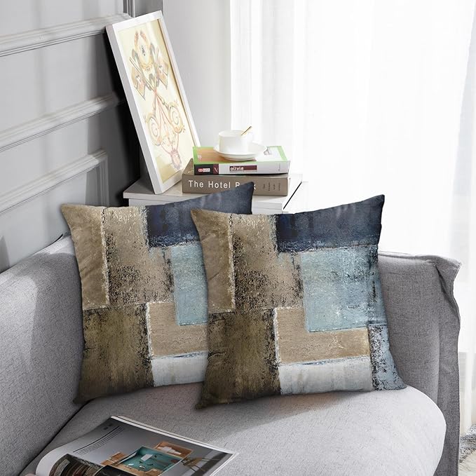 Emvency Set of 2 Brown and Navy Blue Throw Pillow Covers Modern Abstract Painting Decorative Sofa Pillow Cases Home Decor Standard Square 18x18 Inches Pillowcases