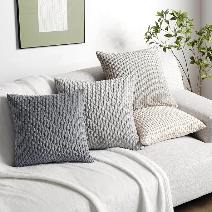 Softalker Throw Pillow Covers 20x20 Inch, Set of 4, Soft Corduroy Boho Stripe Decorative Pillow Cover, Couch Fluffy Pillow Cover for Farmhouse Home Decor Bed Living Room, Grey/Beige