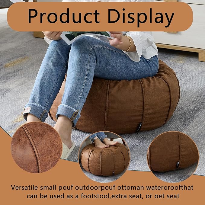 Louis Donné Unstuffed Moroccan Ottoman Pouf Cover, Waterproof Handmade Faux Decor Storage Solution, Footstool Pouffe Cover Replacement Balcony Indoor 21dia Chestnut Brown, ONLY Cover