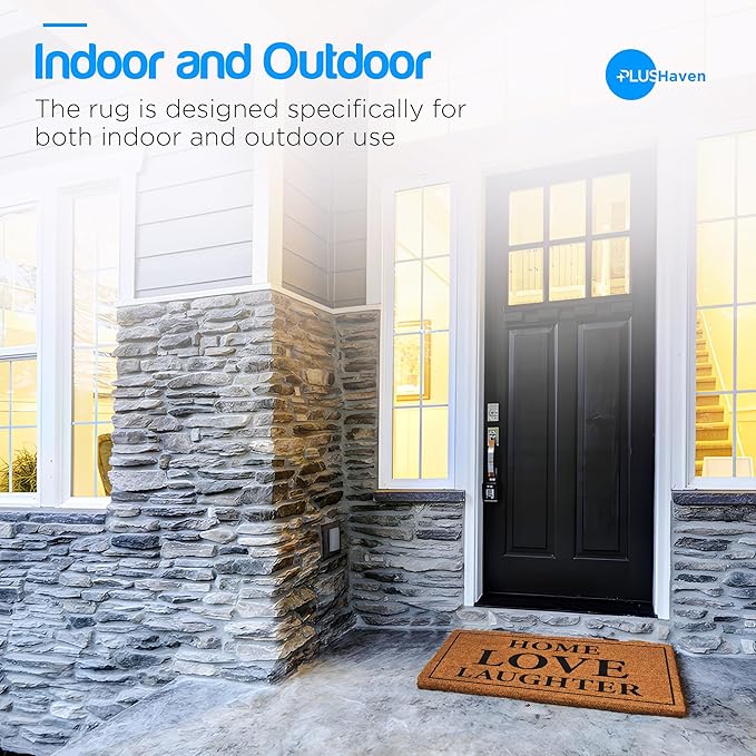 PLUS Haven Coconut Coir Home Entrance Door Mat – 17.5" x 30" | Home Love Laughter Heavy-Duty Doormat for Indoor & Outdoor Use | Durable & Eco-Friendly