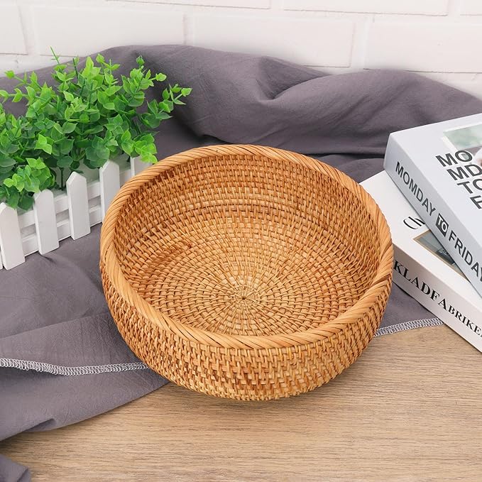 2 PCS Handmade Round Rattan Bread Baskets - 9.06 x 3.54 Inch Round Wicker Bread & Fruit Serving Basket, Natural Woven Storage Basket Bowls for Home & Kitchen