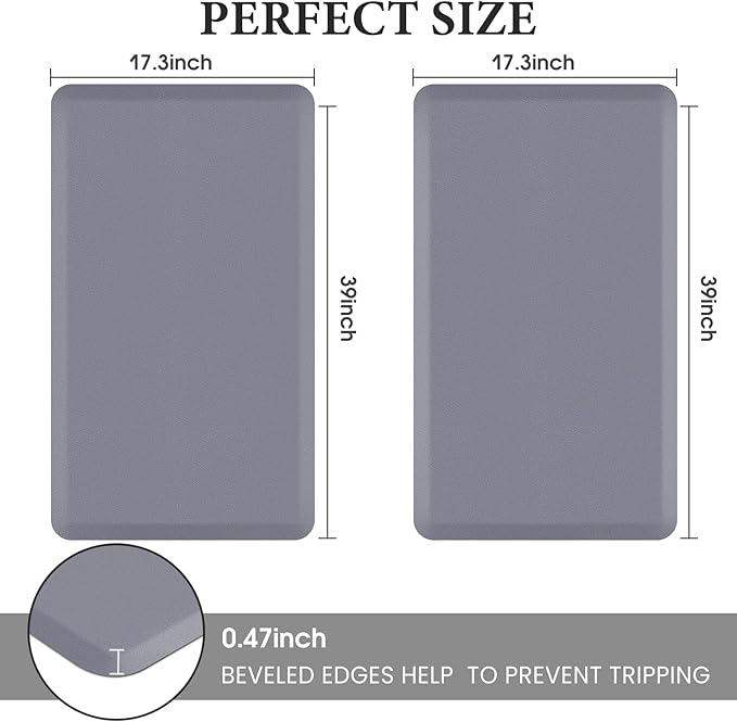 HappyTrends 2 PCS Kitchen Mat Cushioned Anti-Fatigue Floor Mat, Heavy Duty Ergonomic Comfort Foam Standing Mat, Waterproof Non-Slip Kitchen Rugs for Home, Office(17.3"x39"+17.3"x39",Grey)