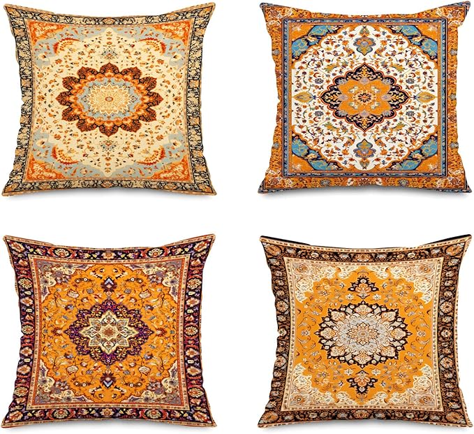 Jartinle Persian Medallion Throw Pillow Covers 18x18 Set of 4 Retro Boho Floral Ethnic Pillow Covers for Outdoor Sofa Couch Hippie Home Decor
