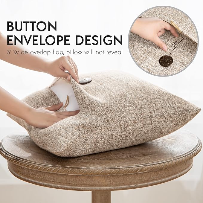 Phantoscope Pack of 2 Farmhouse Throw Pillow Covers Button Vintage Linen Decorative Pillow Cases for Couch Bed and Chair Beige, 18 x 18 inches 45 x 45 cm