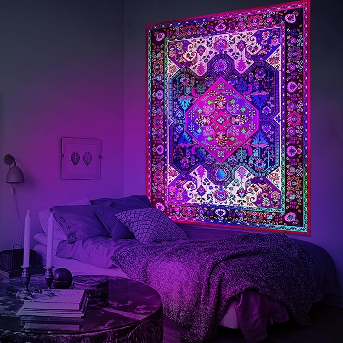Apdidl Blackligt Boho Hippie Wall Tapestry for Bedroom Aesthetic, Glow in The Dark Neon Indian Bohemian Mandala Tapestries, UV Reactive Purple Floral Blanket Vertical Wall Hanging for Living Room 51" X 60"