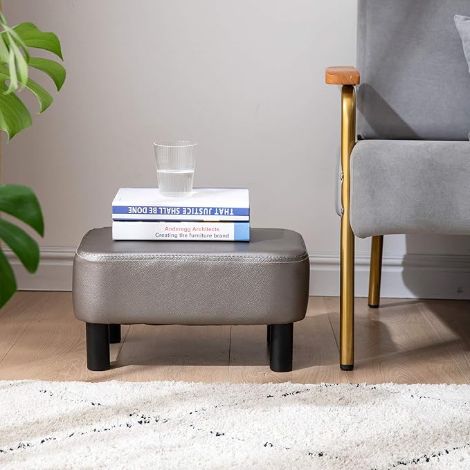 IBUYKE 16.54" Small Footstool, PU Faux Leather Step Stool, with Padded Seat Pine Wood Legs and Padded Rectangular Stool, for Bedroom, Gray RF-BD211