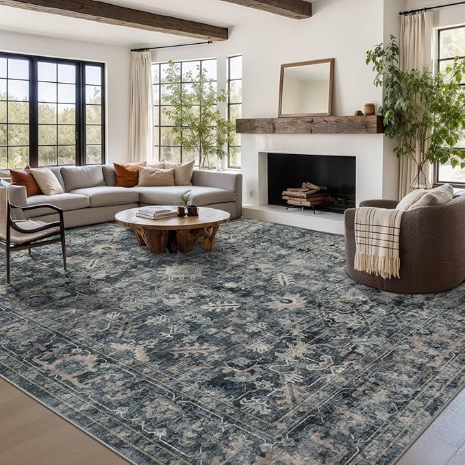 9x12 Area Rugs for Living Room Bedroom, Large Washable Rug, Blue Vintage Retro Boho Rug, Non Slip & Low Pile Faux Wool Thin Carpet for Indoor Dining Room and Kids Room(Blue 9x12ft)