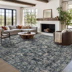 9x12 Area Rugs for Living Room Bedroom, Large Washable Rug, Blue Vintage Retro Boho Rug, Non Slip & Low Pile Faux Wool Thin Carpet for Indoor Dining Room and Kids Room(Blue 9x12ft)