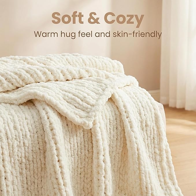 Amélie Home Chunky Knit Throw Blanket for Couch, Soft Chenille Crochet Blanket for Children, 40"x50", Ivory