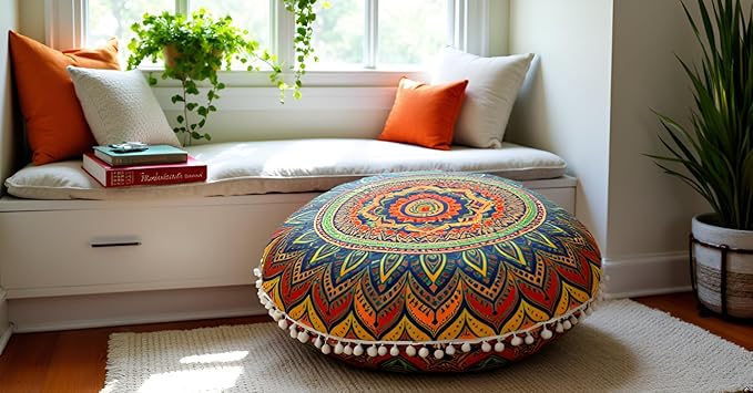 CRAFT KALA 22" Floor Pillows Cover for Sitting, Large Meditation Cushions Cover for Adults, Bohemian Mandala Round Pouf Seating Ottoman Cover for Outdoor Yoga and Living Room New Blue Ombre