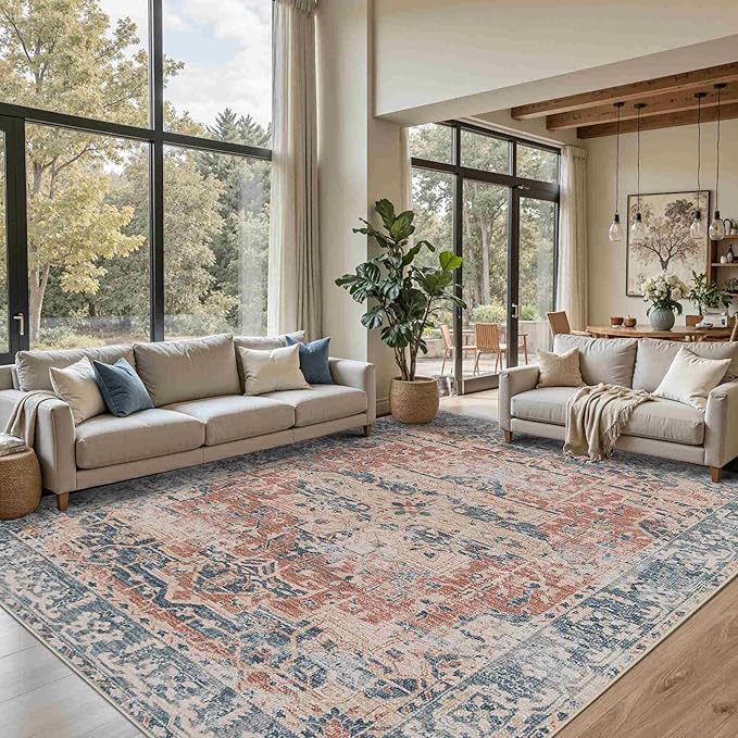 8x10 Area Rugs for Living Room Bedroom, Large Washable Rug, Coral Vintage Retro Boho Rug, Non Slip & Low Pile Faux Wool Thin Carpet for Indoor Dining Room, Kids Room(Coral Blue 8x10ft)