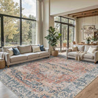 8x10 Area Rugs for Living Room Bedroom, Large Washable Rug, Coral Vintage Retro Boho Rug, Non Slip & Low Pile Faux Wool Thin Carpet for Indoor Dining Room, Kids Room(Coral Blue 8x10ft)