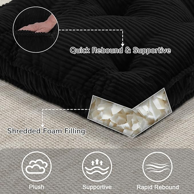 Floor Pillow Set of 2, 22x22 Tufted Floor Cushion for Adults, Square Large Meditation Cushion Pillow, Black Corduroy Sitting Pillow with Handle, Yoga Seating for Tatami