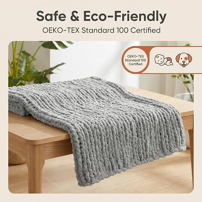 Amélie Home Chunky Knit Throw Blanket for Couch, Soft Chenille Crochet Blanket for Children, 40"x50", Light Grey