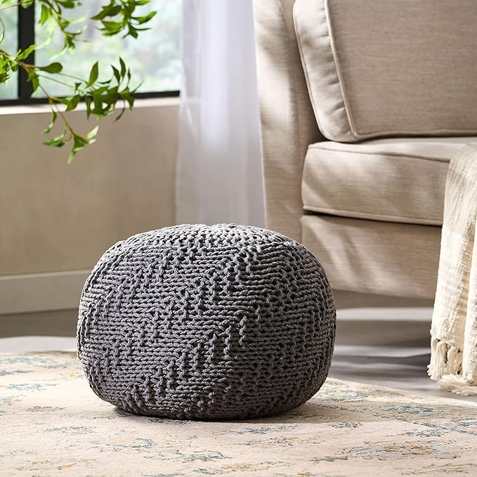 Hand-Knitted Pouf Ottoman: 20" Round Footrest & Seat - Handmade with Recycled PET Yarn for Small Living Rooms & Apartments - Cozy Accent for Modern Home Office & Bedroom Decor