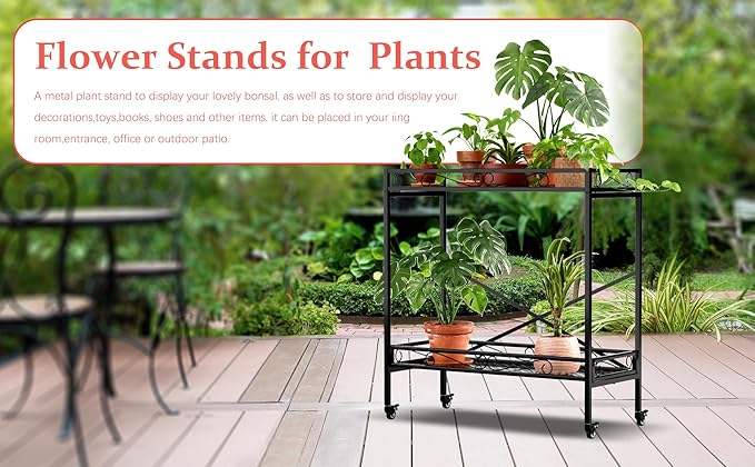 Zhongma 2 Tier Window Height Sturdy Metal Plant Stand with Wheels, 36.6x16x39.4 Inch High, Heavy Duty Succulent Shelf for Home Indoor and Outdoor, 440 LBS Capacity & Heavy Duty Construction