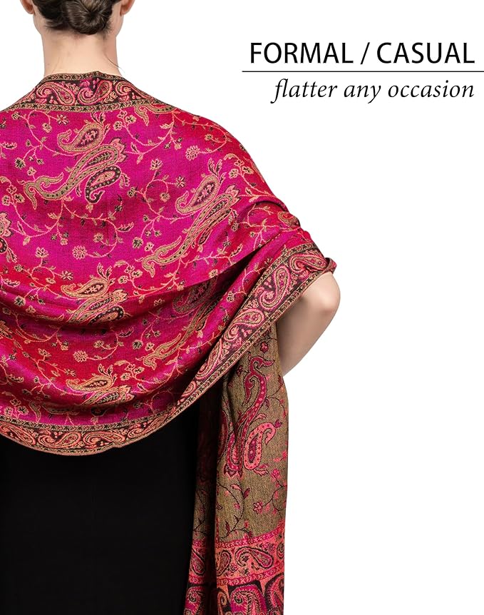 Achillea Reversible Paisley Pashmina Rave Scarf – Exotic Indian Shawls and Wraps for Evening Dresses, Festivals, All Seasons