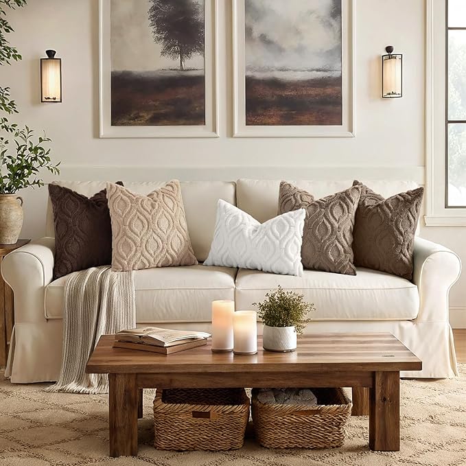 decorUhome Cozy Textured Euro Sham Throw Pillow Covers 22x22 Inch Set of 2, Soft Plush Faux Wool Light Brown Accent Couch Pillow Covers for Modern Farmhouse Sofa Bed Living Room