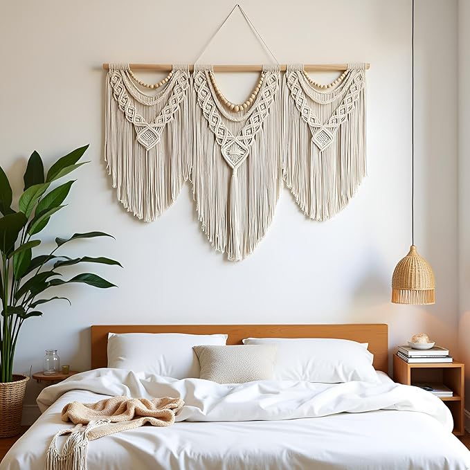 guzhiou large macrame wall hanging - Boho Tapestry Macrame Wall Decor Art- Chic Bohemian Handmade Woven Tapestry Home Decoration for Bedroom Living Room Apartment Wedding Party - 43"x32" (Wood bead)