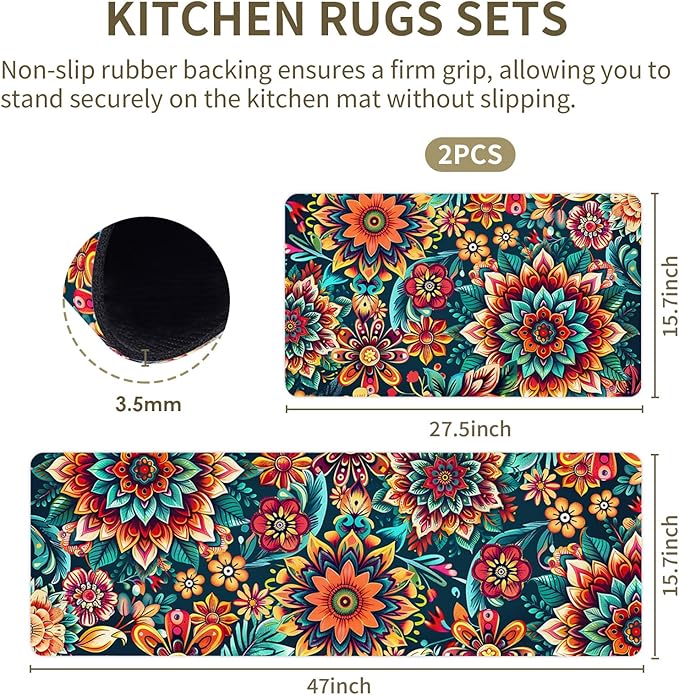 Flower Rugs for Kitchen Floor, 2PCS Anti Fatigue BohoFloral Kitchen Rugs Mats for Floor Rubber Non Slip, Washable Cushioned Colorful Flower Carpet Rug for Sink Laundry 15.7"×27.5" +15.7"×47" 3.5mm