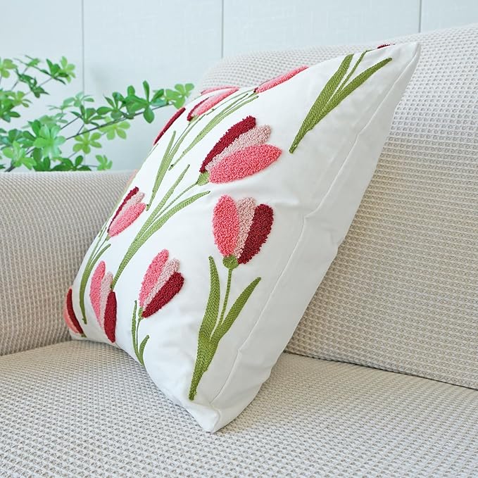 vctops Tulip Floral Embroidered Pillow Covers 18x18 Inch Spring Summer Cotton Tufted Throw Pillow Cover Outdoor Garden Cushion Case for Sofa, Bed, Living Room (Flower E,18"x18")