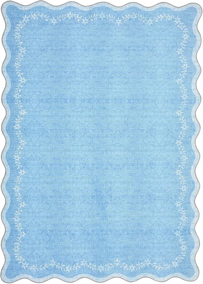 GarveeHome 6x9 Scalloped Area Rug Blue Washable Rugs for Living Room Bedroom, Soft Low Pile Non Slip Accent Floor Mat Solid Floral Print Throw Rug Farmhouse Indoor Carpet for Dorm Playroom