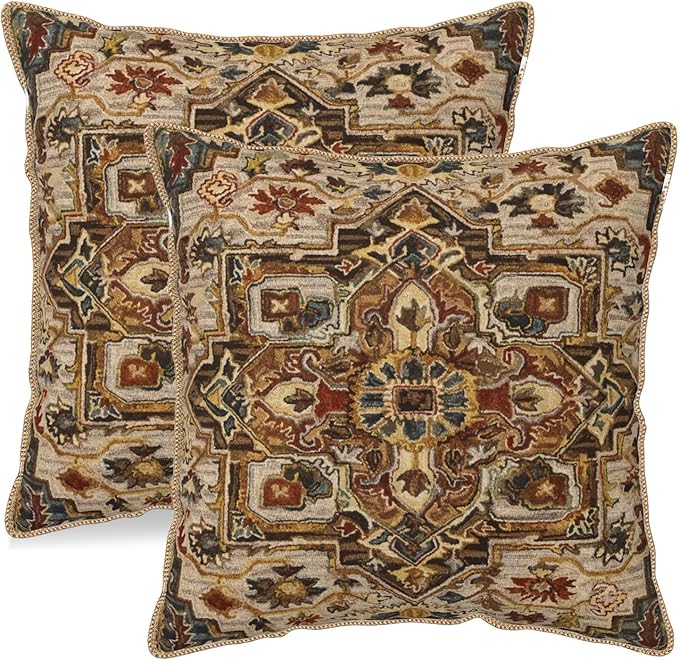 KSLIDS Boho Brown Soft Velvet Throw Pillow Covers Set of 2 Vintage Bohemian Rug Carpet Decorative Pillow Covers 20x20 Inch Antique Ethnic Pillow Case for Sofa Couch Living Room Home Decor