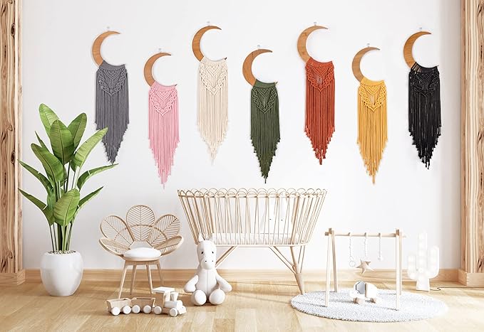 ANROYE Macrame Wall Hanging Boho Moon Decor, Bohemian Crescent Wooden Ornament with Long Tassel, Handmade Unique Wood Tapestry Home Decoration Wall for Dorm Bedroom Nursery Living Room Gift