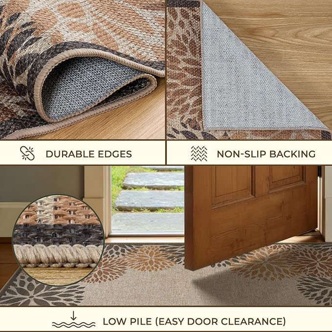 LIVEBOX Modern 3x5 Jute Outdoor Patio Rug, Washable Rugs for Entryway Porch, Tropical Floral Boho Farmhouse Carpet, Non Slip Front Door Mat for Outdoor Indoor Entryway Guestroom Decor (Beige 3'x5')