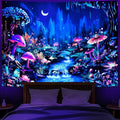 Heopapin Blacklight Tapestry Fantasy Moonlight Mountain Forest Landscape Tapestry UV Reactive Trippy Mushroom Flower Tapestries Mysterious Jungle Neon Plants Wall Hanging for Room L92×W70