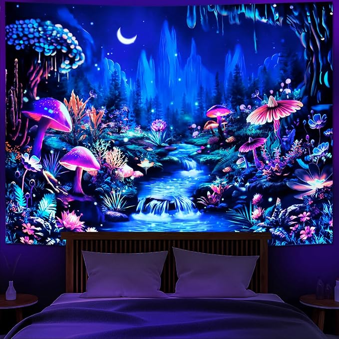 Heopapin Blacklight Tapestry UV Reactive Mushroom Flower Tapestries Fantasy Moonlight Mountain Forest Landscape Tapestry Mysterious Jungle Neon Plants Wall Hanging for Room L59×W51