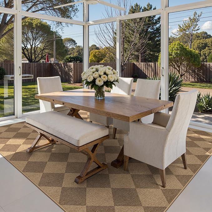 Lanffia Checkered Easy Jute Washable Rugs 8x10, Neutral Non Slip Rug for Living Room, Checkerboard Indoor Outdoor Carpet, Large Farmhouse Low Pile Non Shedding Carpet for Classroom Patio