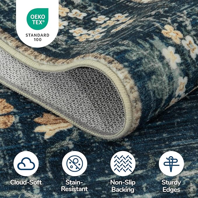 Lessymo Large Area Rugs 9x12 for Living Room, Soft Washable Rug for Bedroom Dining Room Nursery Room Farmhouse, Boho Non Slip Low Plie Carpet Vintage Floral Design, Navy/Beige