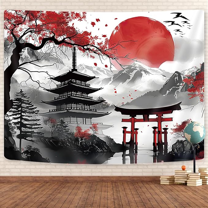 GOAOK Japanese Anime Tapestry, Cool Japan Cherry Blossom Floral Mountain Sun Asian Oriental Abstract Art Tapestry Wall Hanging for Men, Red and Black Large Tapestries Aesthetic for Living Room, 80x60