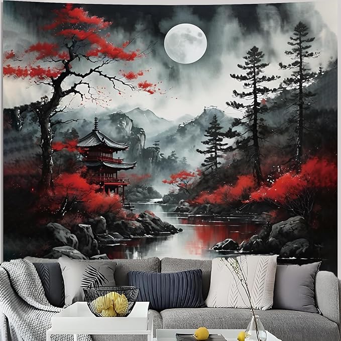 Atrippy Anime Wall Tapestry for Bedroom Aesthetic, Black Forest Japanese Moon Tapestry Wall Hanging, Vintage Nature Mountain Art Decor Dark Landscape Backdrop for Living Room 51"X60"