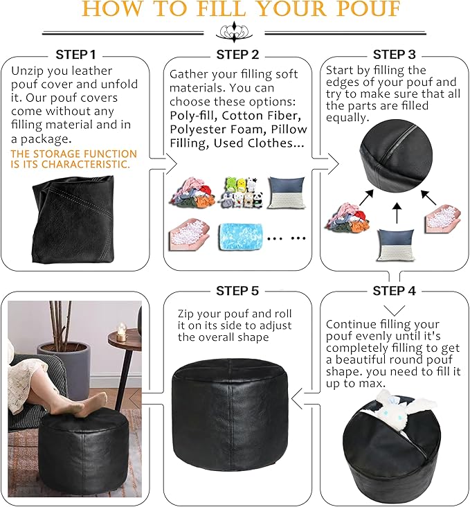 Thgonwid Unstuffed Faux Leather Pouf Cover, Handmade Footstool Ottoman Storage Solution, Floor Footrest Cushion - 16.5" Dx12 H, Pure Black