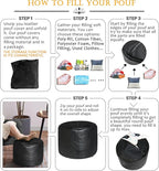 Thgonwid Unstuffed Faux Leather Pouf Cover, Handmade Footstool Ottoman Storage Solution, Floor Footrest Cushion - 16.5" Dx12 H, Pure Black