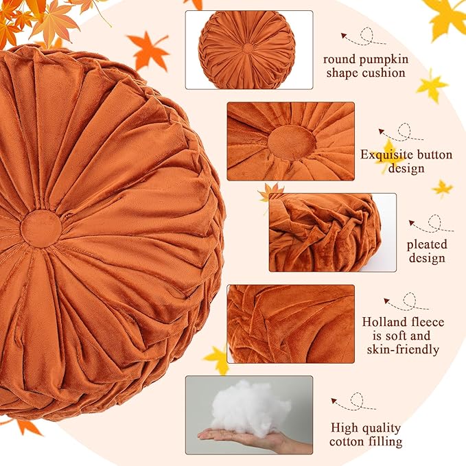 Round Throw Pillows Decorative Pleated Throw Pillows 15'' Diameter Accent Pumpkin Boho Chair Cushion for Couch Sofa Home Decoration(Fall Color,4 Pcs)