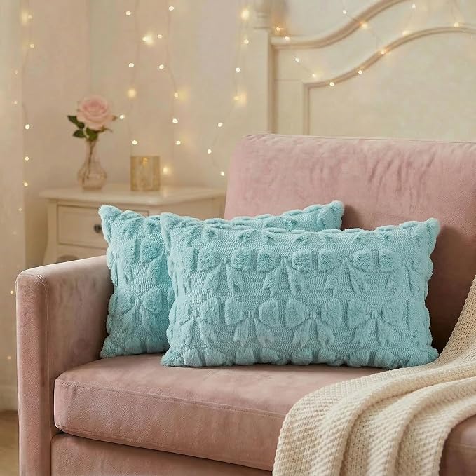 AVOIN colorlife Blue Spring Bow Throw Pillow Covers Set of 2, 12 x 20 Inch Coquette Aesthetic Room Decor Soft Plush Faux Fur Cushion Case for Girls Room