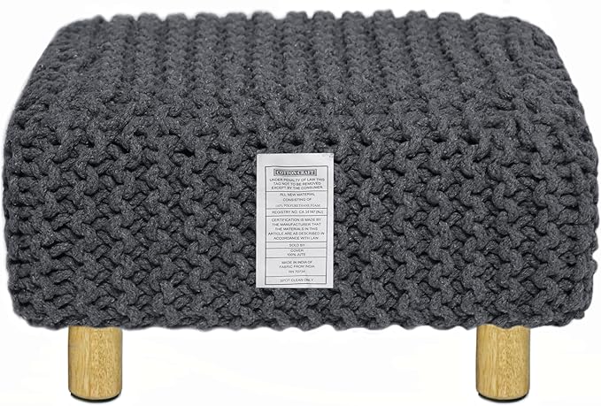 COTTON CRAFT Braided Footrest - Handknitted Dori Foot Stool with Sturdy Wood Legs – Handmade Boho Leg Rest - Small Spaces Under Desk Living Room Entryway Low Footstool Pouf - 16.5x12x9.5 - Grey