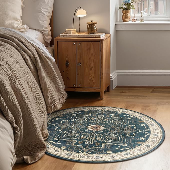 Round Rugs 4ft for Entryway, Low Pile Thin Washable Non Slip Small Circle Rug for Kitchen Dining Room, Tranditional Medallion Round Carpet for Bedroom Living Room, Deep Blue/Multi