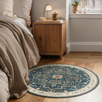 Round Rugs 4ft for Entryway, Low Pile Thin Washable Non Slip Small Circle Rug for Kitchen Dining Room, Tranditional Medallion Round Carpet for Bedroom Living Room, Deep Blue/Multi