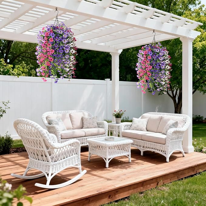 INQCMY Artificial Fake Hanging Plants Flowers Basket for Spring Outdoor Outside Porch Decoration,UV Resistant Faux Silk Flower in Planter for Home Patio Balcony Garden Yard Decor,Mixed Color